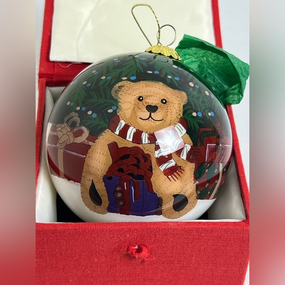 Christmas House Hand Painted Large Glass Ornament Teddy Bear Red Velvet Box - Picture 1 of 10